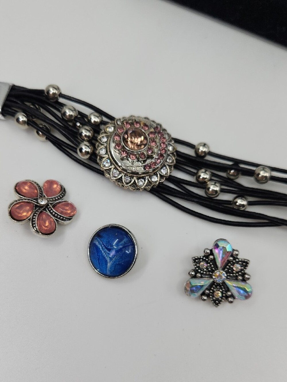 Four (4) Snap Black Cord and Bead Crystal Statement Bracelet - Four Designs